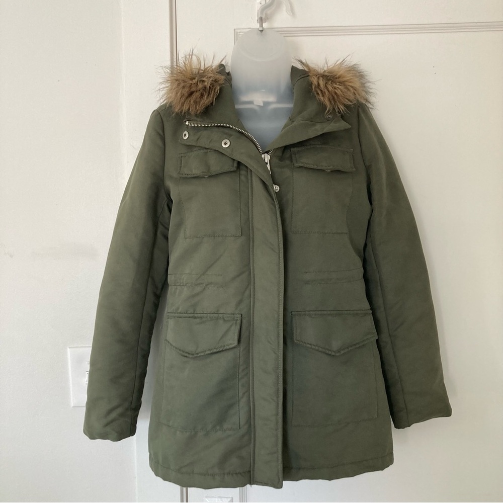 New York & Company Olive Utility Jacket with Faux Fur Hood